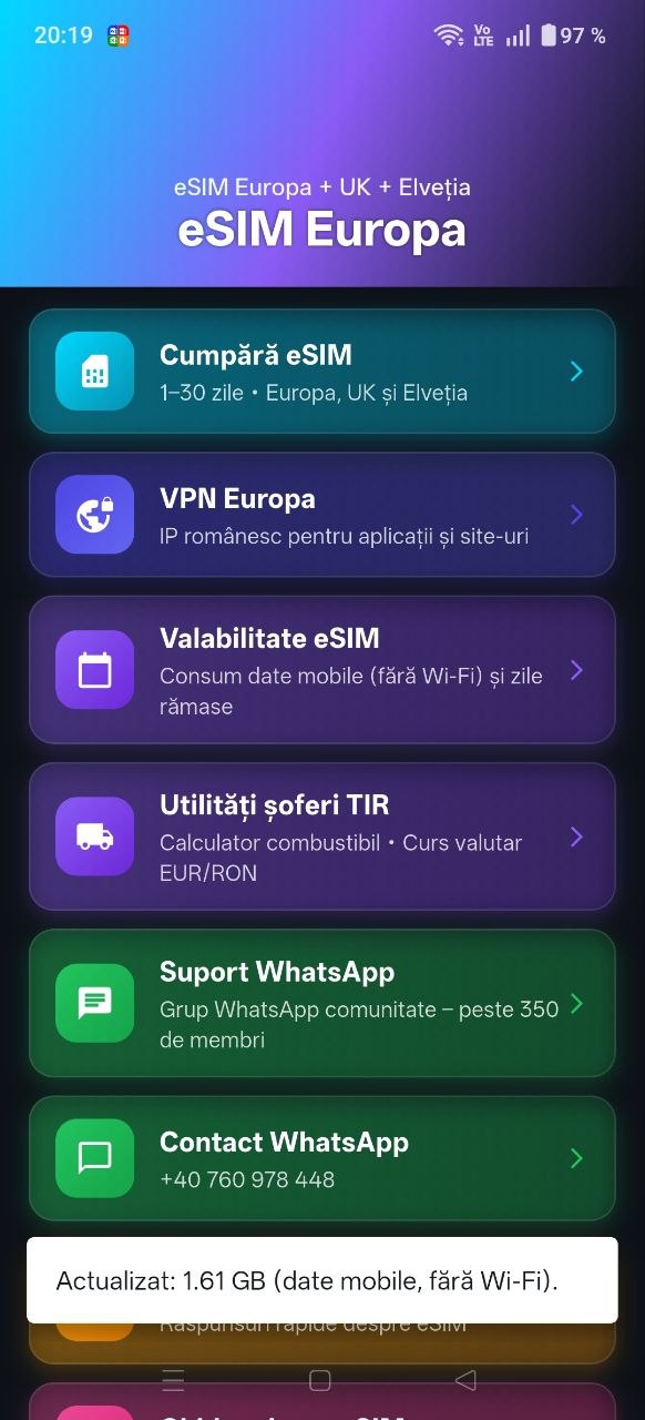 Aplicație eSIM – ecran principal