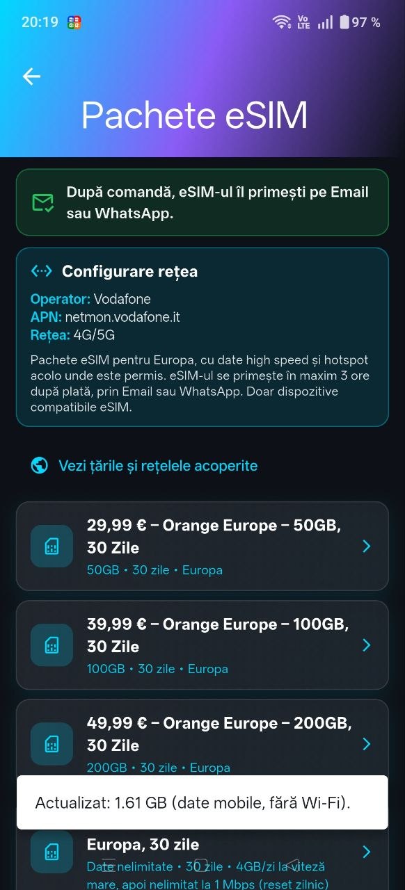 Aplicație eSIM – VPN și consum